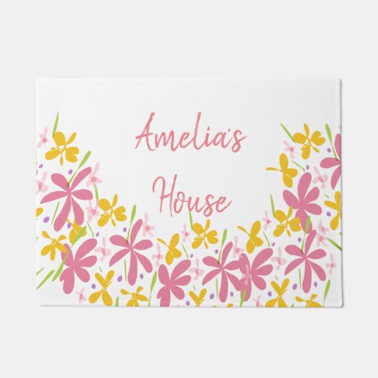 ピンクかわいらしと黄色の野花 ドアマット (正面)