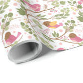 ピンクかわいらしと黄色の鳥と葉子供 ラッピングペーパー (ロールコーナー)