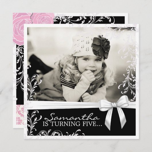 ピンクかわいらしと黒の誕生日パーティーの招待 招待状 (正面/裏面)