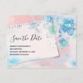 ピンクかわいらしに青い花の日付を保存 インビテーションポストカード (正面)