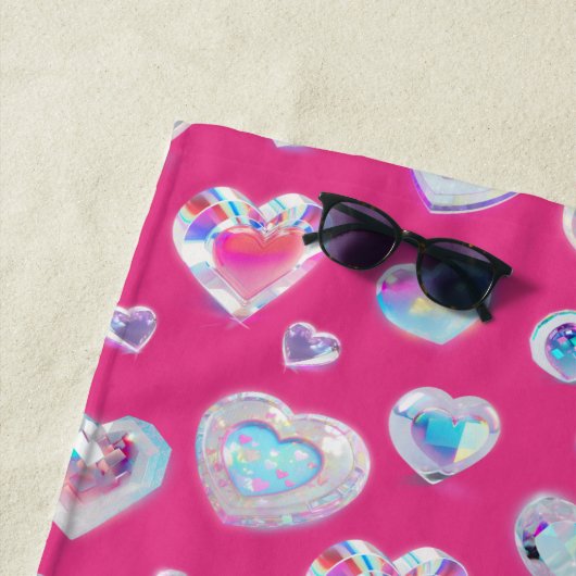 ピンクかわいらしに3Dスパークリスタルジェムストーンハート ビーチタオル (インサイチュ)