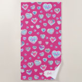 ピンクかわいらしに3Dスパークリスタルジェムストーンハート ビーチタオル (正面)