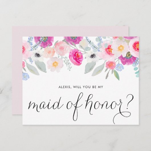 ピンクかわいらしのアネモネスが私のメイド・オブ・オーナー（花嫁付き添い人） インビテーションポストカード (正面/裏面)