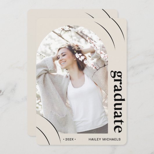 ピンクかわいらしのアーチ写真卒業パーティー 招待状 (正面/裏面)