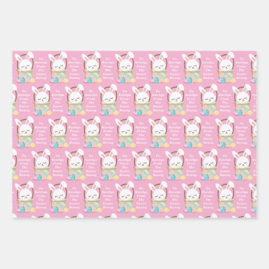 ピンクかわいらしのイースターパーソナライズされたバニーの子供 ラッピングペーパーシート (正面)