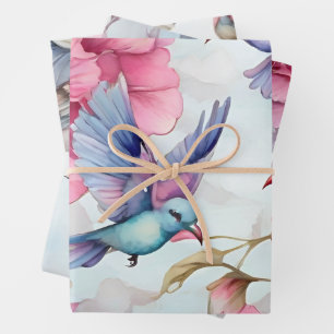 ピンクかわいらしのカーネーション美しいバードミックス ラッピングペーパーシート