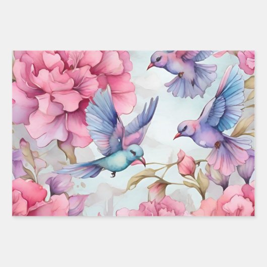 ピンクかわいらしのカーネーション美しいバードミックス ラッピングペーパーシート (正面)