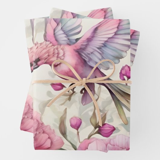ピンクかわいらしのカーネーション美しいピンクの紫色の鳥 ラッピングペーパーシート (インサイチュ)