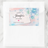 ピンクかわいらしのキッチンに青い花 長方形シール (バッグ)