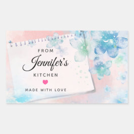 ピンクかわいらしのキッチンに青い花 長方形シール
