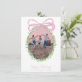 ピンクかわいらしのクリスマスコケット弓リース写真 シーズンカード (スタンド正面)