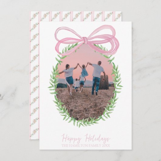 ピンクかわいらしのクリスマスコケット弓リース写真 シーズンカード (正面/裏面)
