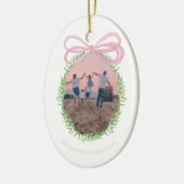 ピンクかわいらしのクリスマスコケット弓リース写真 セラミックオーナメント (左)