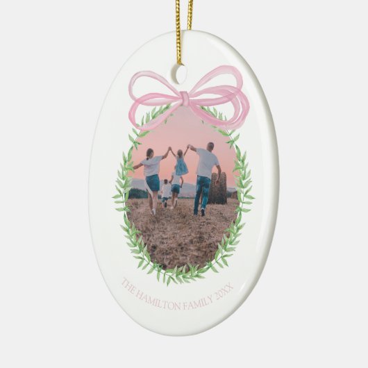 ピンクかわいらしのクリスマスコケット弓リース写真 セラミックオーナメント (左)