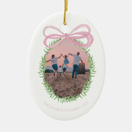 ピンクかわいらしのクリスマスコケット弓リース写真 セラミックオーナメント (正面)
