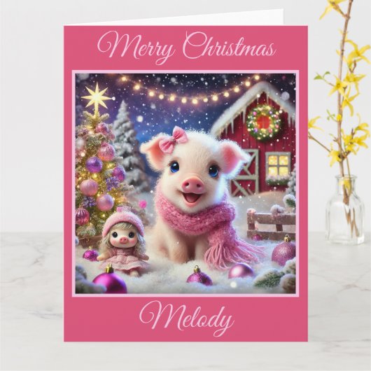 ピンクかわいらしのクリスマスブタの農場 カード (黄色い花)