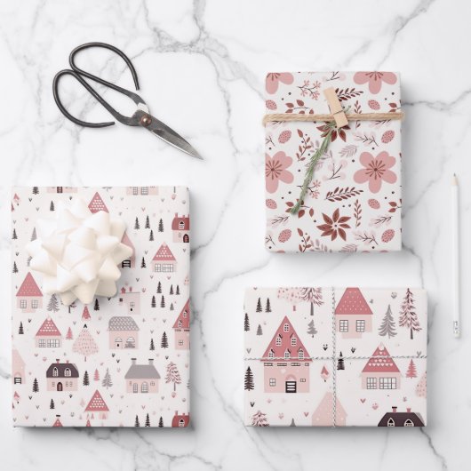 ピンクかわいらしのクリスマスミックス ラッピングペーパーシート (正面)