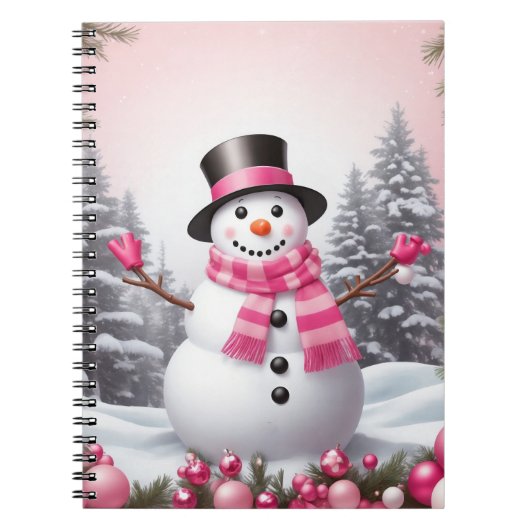 ピンクかわいらしのクリスマス雪だるまシーン ノートブック (正面)