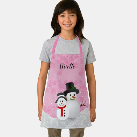 ピンクかわいらしのクリスマス雪だるまパーソナライズされたキッズ エプロン (インサイチュ)