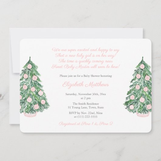 ピンクかわいらしのクリスマスChinoiserie女の子の赤ちゃんシャワー 招待状 (正面)