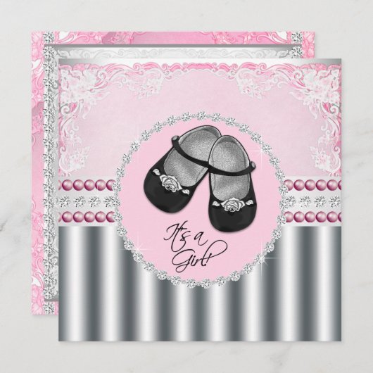 ピンクかわいらしのダイヤモンドと真珠の赤ちゃんシャワー 招待状 (正面/裏面)