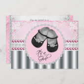 ピンクかわいらしのダイヤモンドと真珠の赤ちゃんシャワー 招待状 (正面/裏面)