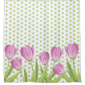 ピンクかわいらしのチューリップと緑のドットエレガントフローラ シャワーカーテン (正面)