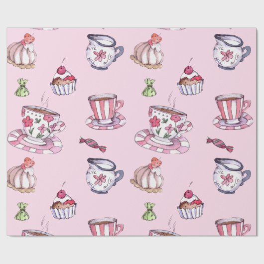 ピンクかわいらしのティーカップ&カップケーキ赤ちゃんシャワー ラッピングペーパー (フラット)