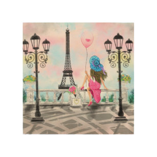 ピンクかわいらしのハートバルーン付き女性 – I Love Paris ウッドウォールアート