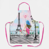 ピンクかわいらしのハートバルーン付き女性 – I Love Paris エプロン (正面)