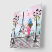 ピンクかわいらしのハートバルーン付き女性 – I Love Paris スクエア壁時計 (傾斜)