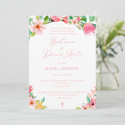 ピンクかわいらしのバスペインのプテスマの女の子のための最初の誕生日 招待状 (スタンド正面)