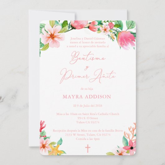 ピンクかわいらしのバスペインのプテスマの女の子のための最初の誕生日 招待状 (正面)