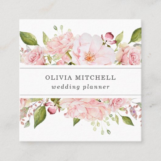 ピンクかわいらしのバラが白 |フローラ スクエア名刺 (正面)