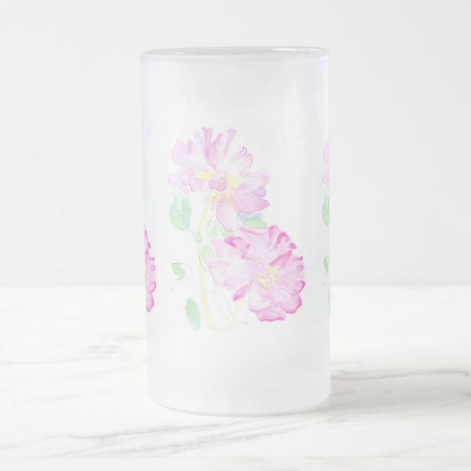 ピンクかわいらしのバラすりガラスのマグカップ フロストグラスビールジョッキ (中央)