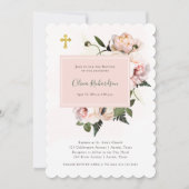 ピンクかわいらしのバラとシダと金ゴールド |洗礼 招待状 (正面)