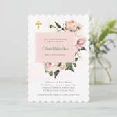 ピンクかわいらしのバラとシダと金ゴールド |洗礼 招待状 (スタンド正面)