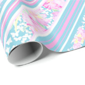 ピンクかわいらしのバラとターコイズストライプギフトラップ ラッピングペーパー (ロールコーナー)