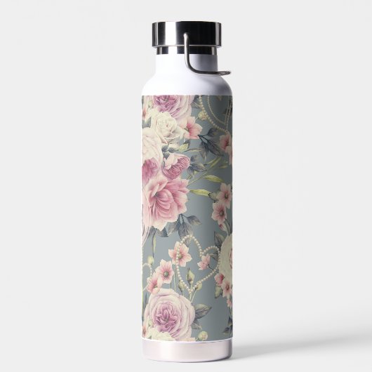 ピンクかわいらしのバラとパールハートモノグラム ウォーターボトル (左面)