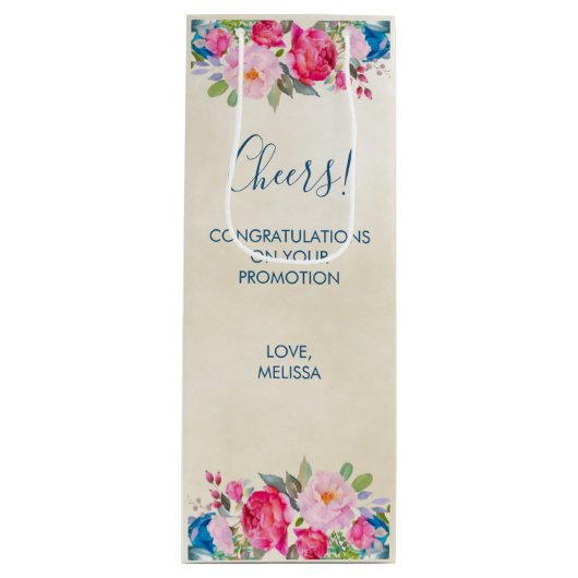 ピンクかわいらしのバラと牡丹の縁ど応援! ワインギフトバッグ (正面)