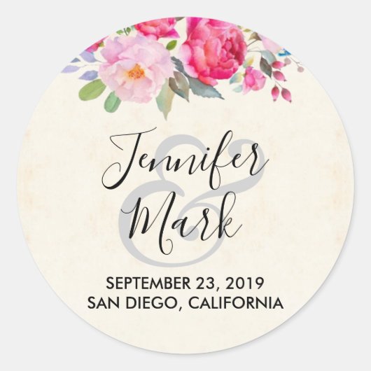 ピンクかわいらしのバラと牡丹縁どの結婚もの ラウンドシール (正面)