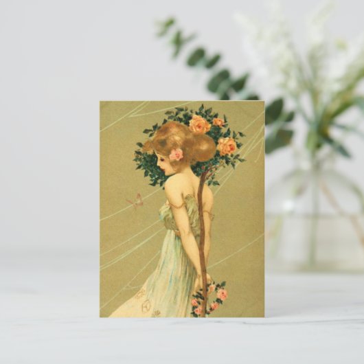 ピンクかわいらしのバラと蝶の女の子 ポストカード (スタンド正面)