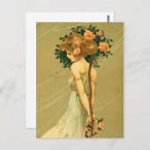 ピンクかわいらしのバラと蝶の女の子 ポストカード (正面/裏面)