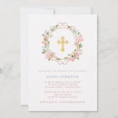 ピンクかわいらしのバラと金ゴールドクロス |フローラバプテスマ 招待状 (正面)