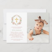 ピンクかわいらしのバラと金ゴールドクロス |写真バプテスマ 招待状 (正面)