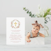 ピンクかわいらしのバラと金ゴールドクロス |写真バプテスマ 招待状 (スタンド正面)