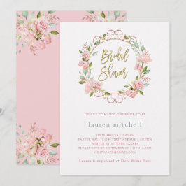 ピンクかわいらしのバラと金ゴールドスクリプト |ブライダルシャワー 招待状