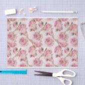 ピンクかわいらしのバラに止まる鳥のパターン 薄葉紙 (クラフト)