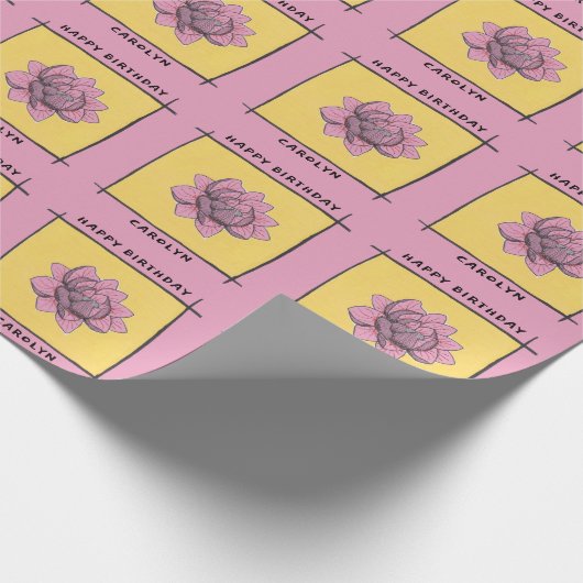 ピンクかわいらしのバラのドードル、あなたの名前、誕生日 ラッピングペーパー (角)