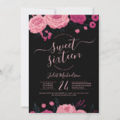 ピンクかわいらしのバラフローラブラックスウィート16 招待状 (正面)